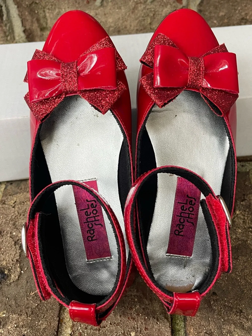 Rachel Shoes Red Patent Mary Jane Flats with Glitter Bow Girls Size 12